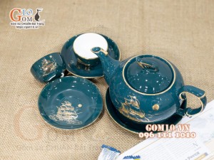 Bộ ấm chén men xanh vẽ họa tiết Thuận Buồm Xuôi Gió, 350ml