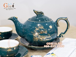 Bộ ấm chén men xanh vẽ họa tiết Thuận Buồm Xuôi Gió, 350ml