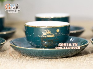 Bộ ấm chén men xanh vẽ họa tiết Thuận Buồm Xuôi Gió, 350ml