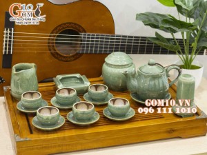 Bộ ấm chén miệng lượn men hỏa biến xanh ngọc, chén lòng hoa - đầy đủ phụ kiện, 350ml