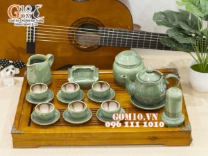 Bộ ấm chén miệng lượn men hỏa biến xanh ngọc, chén lòng hoa - đầy đủ phụ kiện, 350ml