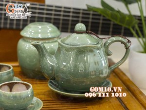 Bộ ấm chén miệng lượn men hỏa biến xanh ngọc, chén lòng hoa - đầy đủ phụ kiện, 350ml