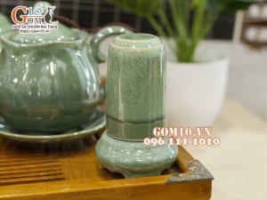 Bộ ấm chén miệng lượn men hỏa biến xanh ngọc, chén lòng hoa - đầy đủ phụ kiện, 350ml