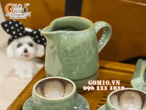 Bộ ấm chén miệng lượn men hỏa biến xanh ngọc, chén lòng hoa - đầy đủ phụ kiện, 350ml