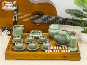 Bộ ấm chén miệng lượn men hỏa biến xanh ngọc, chén lòng hoa - đầy đủ phụ kiện, 350ml