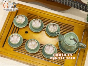 Bộ ấm chén miệng lượn men hỏa biến xanh ngọc, chén lòng hoa, 350ml
