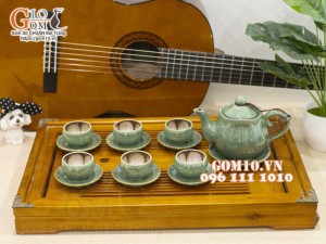 Bộ ấm chén miệng lượn men hỏa biến xanh ngọc, chén lòng hoa, 350ml