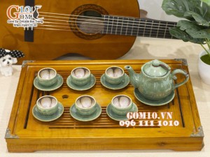 Bộ ấm chén miệng lượn men hỏa biến xanh ngọc, chén lòng hoa, 350ml