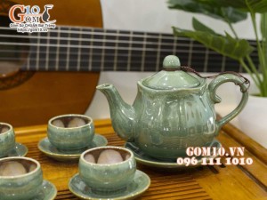 Bộ ấm chén miệng lượn men hỏa biến xanh ngọc, chén lòng hoa, 350ml