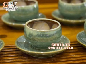 Bộ ấm chén miệng lượn men hỏa biến xanh ngọc, chén lòng hoa, 350ml