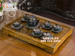 Bộ ấm chén miệng thon men hỏa biến chén lòng hoa 300ml