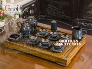 Bộ ấm chén miệng thon men hỏa biến chén lòng hoa, đầy đủ phụ kiện 300ml