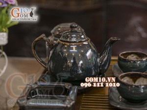 Bộ ấm chén miệng thon men hỏa biến chén lòng hoa, đầy đủ phụ kiện 300ml