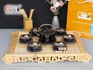 Bộ ấm chén men hoả biến quai đồng, chén lòng hoa