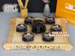 Bộ ấm chén men hoả biến quai đồng, chén lòng hoa