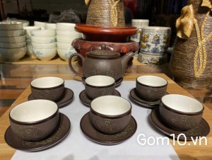 Bộ ấm chén nâu ganh dáng cao gốm hồng sa, khắc trăng xanh 350ml