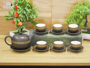 Bộ ấm chén nâu son gốm hồng sa viền vàng, 300ml