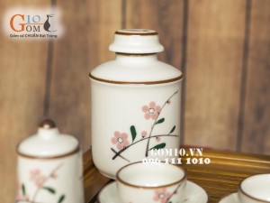 Bộ ấm chén Nhật vẽ đào phai men kem, đầy đủ phụ kiện