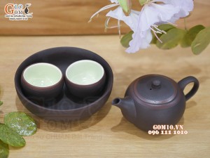 Bộ ấm chén nhị ẩm nâu ganh khay tròn, gốm hồng sa 100ml