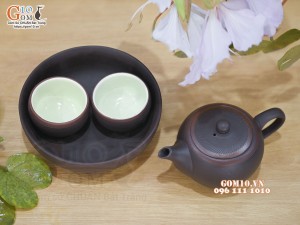 Bộ ấm chén nhị ẩm nâu ganh khay tròn, gốm hồng sa 100ml