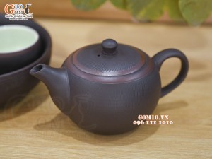 Bộ ấm chén nhị ẩm nâu ganh khay tròn, gốm hồng sa 100ml