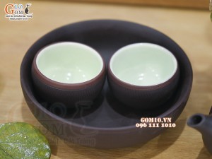 Bộ ấm chén nhị ẩm nâu ganh khay tròn, gốm hồng sa 100ml