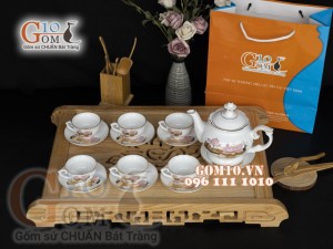 Bộ ấm chén phú quý họa tiết hoa Sen hồng, vẽ vàng 500ml