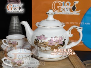 Bộ ấm chén phú quý họa tiết hoa Sen hồng, vẽ vàng 500ml