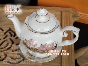 Bộ ấm chén phú quý họa tiết hoa Sen hồng, vẽ vàng 500ml