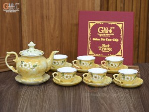 Bộ ấm chén phú quý men đá màu vàng họa tiết hoa Đào xanh, 500ml