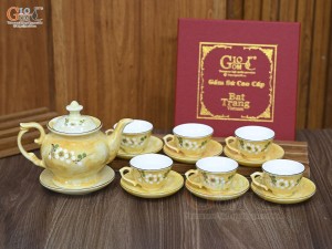 Bộ ấm chén phú quý men đá màu vàng họa tiết hoa Đào xanh, 500ml