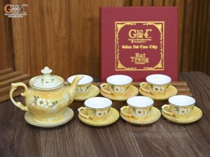 Bộ ấm chén phú quý men đá màu vàng họa tiết hoa Đào xanh, 500ml