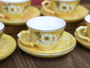 Bộ ấm chén phú quý men đá màu vàng họa tiết hoa Đào xanh, 500ml