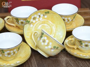 Bộ ấm chén phú quý men đá màu vàng họa tiết hoa Đào xanh, 500ml
