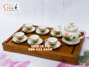 Bộ ấm chén phú quý men kem vẽ sen 