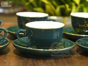 Bộ ấm chén phú quý men màu cảnh Thuận Buồm Xuôi Gió vẽ vàng 24k nền xanh lam, 500ml