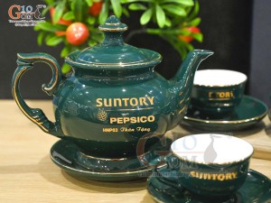 Bộ ấm chén phú quý men màu kẻ chỉ vàng kim in logo quà tặng, 500ml