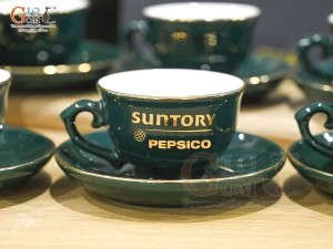 Bộ ấm chén phú quý men màu kẻ chỉ vàng kim in logo quà tặng, 500ml