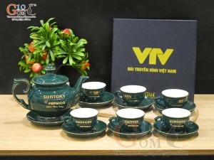 Bộ ấm chén phú quý men màu kẻ chỉ vàng kim in logo quà tặng, 500ml