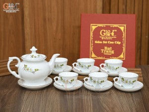 Bộ ấm chén phú quý men trắng họa tiết hoa Đào xanh, 500ml