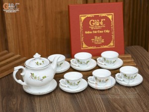 Bộ ấm chén phú quý men trắng họa tiết hoa Đào xanh, 500ml