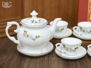 Bộ ấm chén phú quý men trắng họa tiết hoa Đào xanh, 500ml