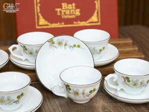 Bộ ấm chén phú quý men trắng họa tiết hoa Đào xanh, 500ml