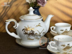 Bộ ấm chén phú quý men trắng họa tiết Làng Quê - vẽ vàng