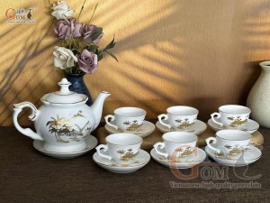 Bộ ấm chén phú quý men trắng họa tiết Làng Quê - vẽ vàng
