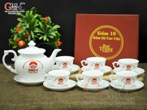 Bộ ấm chén phú quý men trắng in logo quà tặng