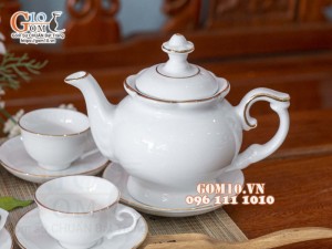 Bộ ấm chén phú quý men trắng kẻ chỉ vàng kim,dung tích 500ml