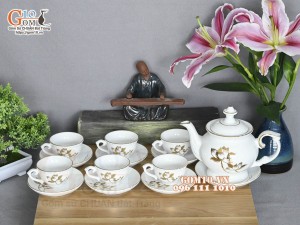 Bộ ấm chén Phú Quý men trắng sen vàng kim, 350ml