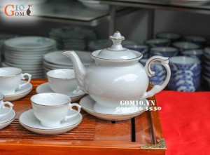 Bộ ấm chén Phú quý trắng kẻ chỉ