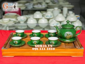 Bộ ấm chén phú quý xanh vẽ công, kẻ chỉ vàng kim